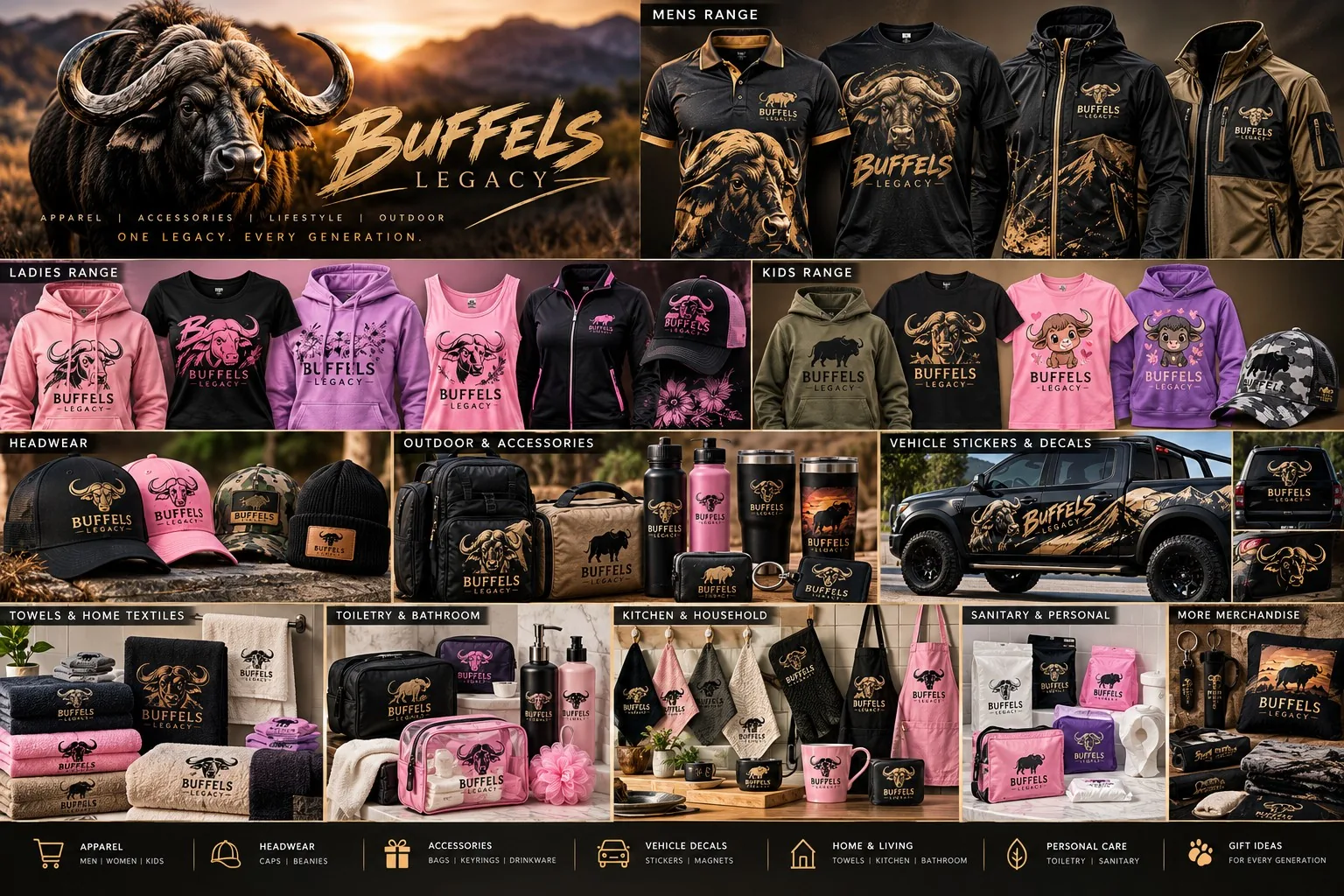 Overview collage of Buffels Legacy merchandise concepts